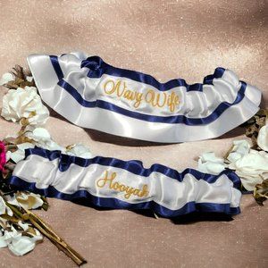 USN Navy Custom Embroidered Wedding Garter Set Keepsake & Throw Personalized